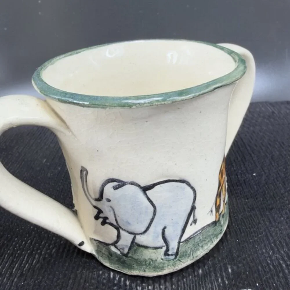 G Miller Signed Handcraft Art Pottery Double Handle Cup Mug Elephant Giraffe VTG